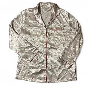 White Satin Heart Print Sleep Shirt Button Front Red Piping S/XS